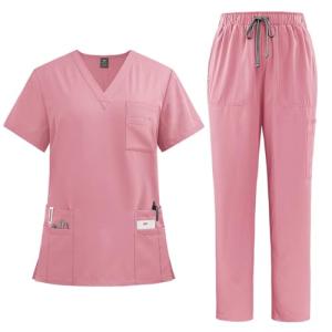 Women Scrubs Set V-Neck Stretch Tops with Pockets & Cargo Pants Jogger Nurse Work Uniform Quick Drying Pink L