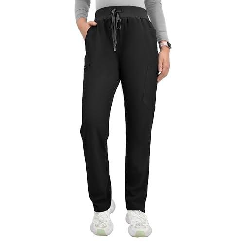 Kitmaz Scrub Pants for Women, Mid Rise Stretch Anti-Wrinkle Skinny Straight Leg Cargo Pants with Yoga Waistband & 10 Pockets(Black,Large)