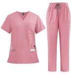 Women Scrubs Set V-Neck Stretch Tops with Pockets & Cargo Pants Jogger Nurse Work Uniform Quick Drying Pink L