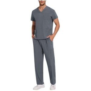 Scrubs for Men Workwear Stretch V-Neck Scrub Top and Pants Medical Uniform with Multi Pocket Unisex Scrub Set S-2XL