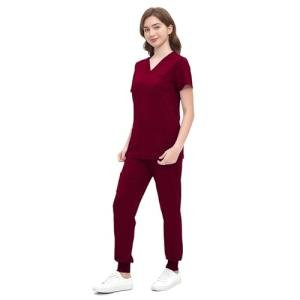 ROMASA Scrubs Set for Women,Soft and Stretchy Nurse Uniform V-Neck Top and Jogger Pants with Multi Pocket Nurse Workwear (Burgundy, Medium)