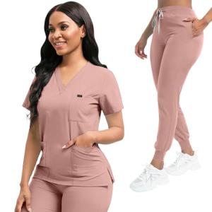 YEZEX Scrubs for Women Set, Women's V-Neck Top & Jogger Scrub Pants, Nursing Uniform Scrubs Set with 8 Pockets, for Nurse Esthetician Workwear (Pink)