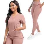 YEZEX Scrubs for Women Set, Women's V-Neck Top & Jogger Scrub Pants, Nursing Uniform Scrubs Set with 8 Pockets, for Nurse Esthetician Workwear (Pink)