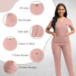 YEZEX Scrubs for Women Set, Women's V-Neck Top & Jogger Scrub Pants, Nursing Uniform Scrubs Set with 8 Pockets, for Nurse Esthetician Workwear (Pink)