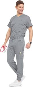 MediChic Men's Scrubs Set – Stretch V-Neck Workwear, 7-Pocket Jogger Pants, Flex Medical Uniforms, Grey Medium