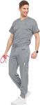 MediChic Men's Scrubs Set – Stretch V-Neck Workwear, 7-Pocket Jogger Pants, Flex Medical Uniforms, Grey Medium