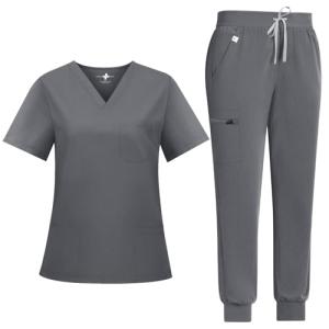 UnionMed Tech Scrubs for Women Set Medical Uniform - Stretch Slim Fit V-Neck Scrub Top & Jogger Pant with 9 Pockets