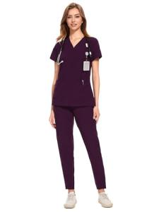 COZYFIT Medical Scrubs for Women Set - Curved V-Neck Scrub Top & Jogger Pants with 8 Pockets - Dark Purple, M