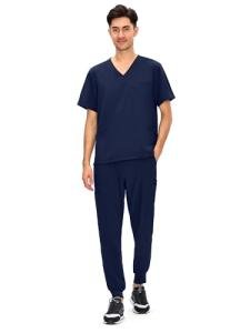 COZYFIT Scrubs for Men - 4 Pockets V-Neck Scrub Top and 7 Pockets Jogger Pants Mens Scrubs Set, Navy Blue, M