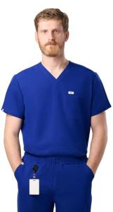 Peelz Brian 2-Pocket V-Neck Basic Men's Scrub Top for Men - Short Sleeve Scrubs, Soft Stretch Fabric, Slim Fit, Navy, X-Large