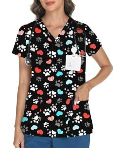 LOMON Pediatric Scrubs for Women V Neck Print Scrub Tops Lovely Animals Scrub Shirts with 3 Pockets Footprints Hearts XL