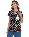 LOMON Pediatric Scrubs for Women V Neck Print Scrub Tops Lovely Animals Scrub Shirts with 3 Pockets Footprints Hearts XL