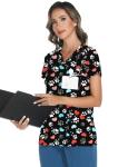 LOMON Pediatric Scrubs for Women V Neck Print Scrub Tops Lovely Animals Scrub Shirts with 3 Pockets Footprints Hearts XL