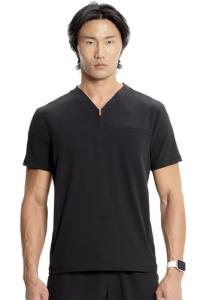 Infinity Men's Partial Zip V-Neck Scrub Top with Rib-Knit Side Panels Two Zip Front Chest Pocket and 1 Welt Pockets IN702A, M, Black