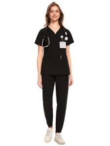 COZYFIT Medical Scrubs for Women Set - Curved V-Neck Scrub Top & Jogger Pants with 8 Pockets - Black, L