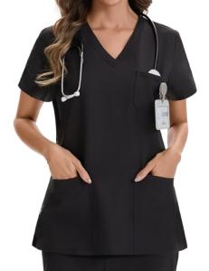 VECARDI Women's Medical Scrub Top Short Sleeve Soft Stretch V-Neck Nurse Uniform with 3 Utility Pockets
