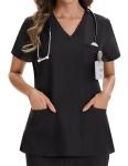 VECARDI Women's Medical Scrub Top Short Sleeve Soft Stretch V-Neck Nurse Uniform with 3 Utility Pockets