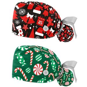 Red Christmas Snowman Glove Hat Pattern Adjustable Working Cap with Ponytail Holder, 2 Packs Scrub Cap Bouffant Hat for Men & Women, One Size