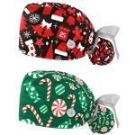 Red Christmas Snowman Glove Hat Pattern Adjustable Working Cap with Ponytail Holder, 2 Packs Scrub Cap Bouffant Hat for Men & Women, One Size