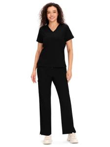COZYFIT Scrubs for Women - V Neck Top and Bootcut Cargo Straight Pants, Womens Scrub Sets with 12 Pockets, 4 Way Stretch Fabric, Black, S