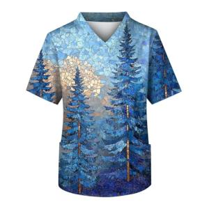 Scrubs for Men V Neck Printed Scrub Tops Plus Size Soft Nurse Funny Uniform Shirts with 3 Pockets