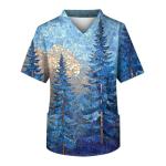 Scrubs for Men V Neck Printed Scrub Tops Plus Size Soft Nurse Funny Uniform Shirts with 3 Pockets