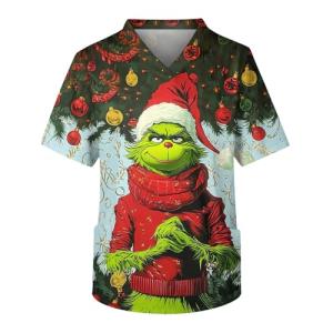 Men's Christmas Scrub Tops Plus Size V-Neck Short Sleeve Funny Medical Workwear Uniform with 3 Pocket S-5XL
