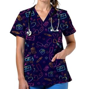 VillbeCoser Scrubs for Women V Neck Cute Printed Scrub Tops Medical Nurse Shirt Soft Casual Uniform(D3237-NavyBlue M)