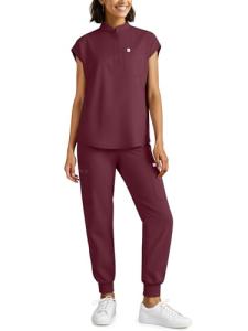 Eadflie Scrubs for Women Set - Stretch Medical Uniform Scrubs - Slim Fit Top & Cargo Pant Scrubs Set with 11 Pockets for Nurse Esthetician Workwear - (Burgundy/M)