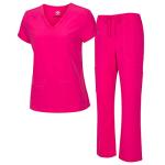 Natural Uniforms Women's Cool Stretch V-Neck Top and Cargo Pant Set (Hot Pink, Small-Petite)