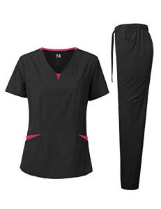 Dagacci Medical Uniform® Scrubs for Women Set – 4-Way Stretch Contrast V-Neck Top and Pants Sets for Women – 9 Pockets (Large, Black)