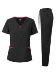 Dagacci Medical Uniform® Scrubs for Women Set – 4-Way Stretch Contrast V-Neck Top and Pants Sets for Women – 9 Pockets (Large, Black)