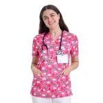 YEZEX Scrub Tops for Women, V Neck Printed Scrub Tops, Medical Nursing Stretchy Shirts w/ 3 Pockets (Pink Rainbow)
