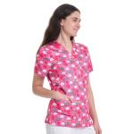 YEZEX Scrub Tops for Women, V Neck Printed Scrub Tops, Medical Nursing Stretchy Shirts w/ 3 Pockets (Pink Rainbow)