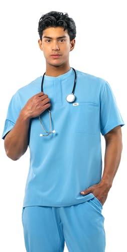 Peelz Karl Henley 2-Pocket Scrub Top for Men - Soft Stretch Fabric Men's Scrub Tops, 3-Button Design, Comfort Fit, Ceil Blue, Large