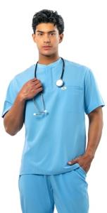 Peelz Karl Henley 2-Pocket Scrub Top for Men - Soft Stretch Fabric Men's Scrub Tops, 3-Button Design, Comfort Fit, Ceil Blue, Large