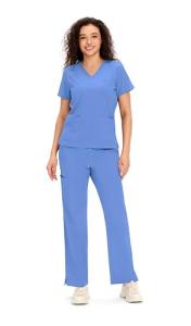 COZYFIT Scrubs for Women - V Neck Top and Bootcut Cargo Straight Pants, Womens Scrub Sets with 12 Pockets, 4 Way Stretch Fabric, Ceil Blue, M