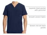 Cherokee Infinity Mens V-Neck Scrub Top Modern Fit, 3 Pockets, Rib-Knit Back Panels, Moisture-Wicking 360° Stretch - CK900A, L, Navy