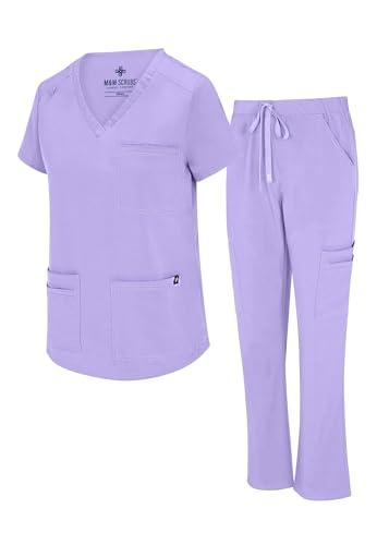 Natural Uniforms Womens 11 Pocket Cool Stretch Cargo Scrub Set (Lavender, Medium)