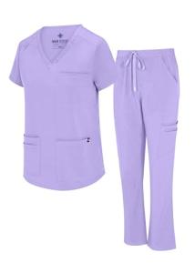 Natural Uniforms Womens 11 Pocket Cool Stretch Cargo Scrub Set (Lavender, Medium)