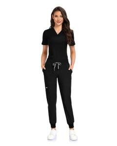 COMENII Scrubs for Women Set, V-Neck Scrub Top & Jogger Scrub Pants for Women with 11 Pockets, Comfortable Womens Scrubs-R Black L