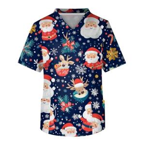 Christmas Scrub Tops Men Christmas Print V Neck Short Sleeve Scrubs for Men Nurse Uniform with Pockets 12-Dark Blue XL