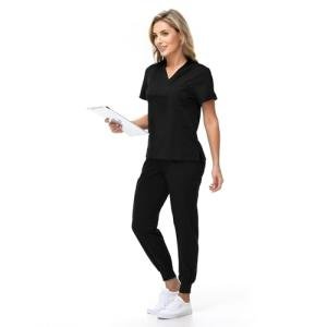 KARAZZO Women's Medical Scrub Sets Stretch V-Neck Scrub Top & Jogger Pant with 8 Pockets Nursing Uniform Scrubs Suit (Black, Medium)