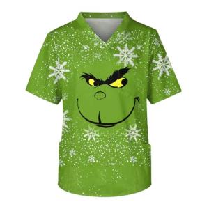 Christmas Scrub Tops Men Christmas Print V Neck Short Sleeve Scrubs for Men Nurse Uniform with Pockets #15-Greens L