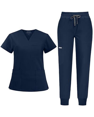 COMENII Scrubs for Women Set, V-Neck Scrub Top & Jogger Scrub Pants for Women with 11 Pockets, Comfortable Womens Scrubs-R Navy S