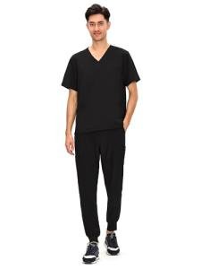 COZYFIT Scrubs for Men - 4 Pockets V-Neck Scrub Top and 7 Pockets Jogger Pants Mens Scrubs Set, Black, L