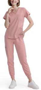 Eadflie Scrubs for Women Set - 8-Pocket V-Neck Scrub Uniform, Stretch Jogger Pants, Medical Workwear for Nurses, Pet Care (Pink/L)