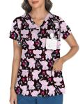 LOMON Scrubs for Women V Neck Pediatric Scrub Tops Soft Printed Scrub Shirts with 3 Pockets Elephant XL