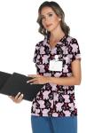 LOMON Scrubs for Women V Neck Pediatric Scrub Tops Soft Printed Scrub Shirts with 3 Pockets Elephant XL