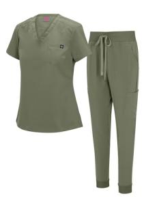 Natural Uniforms Womens Cool Stretch Modern Tuck-In Top Yoga Jogger Scrub Set (Olive, Large)